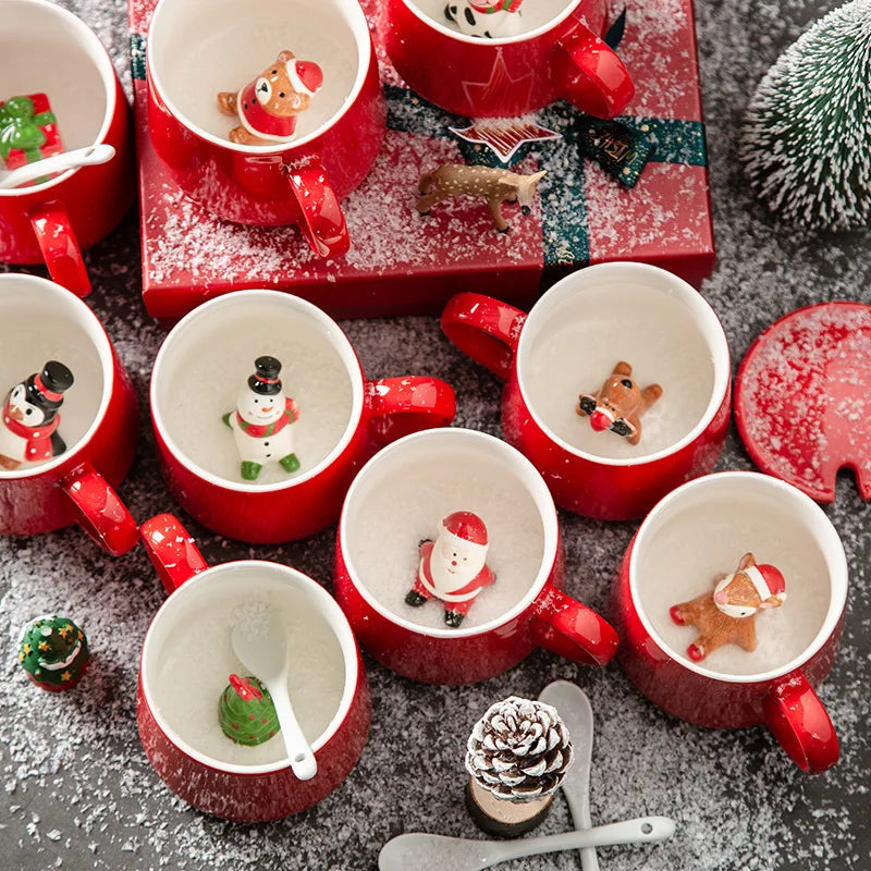 Ceramic Water Cup Santa Claus Snowman Red Festive Mug with Lid Spoon Christmas Tree Reindeer Cup Christmas Gift Oasis Select