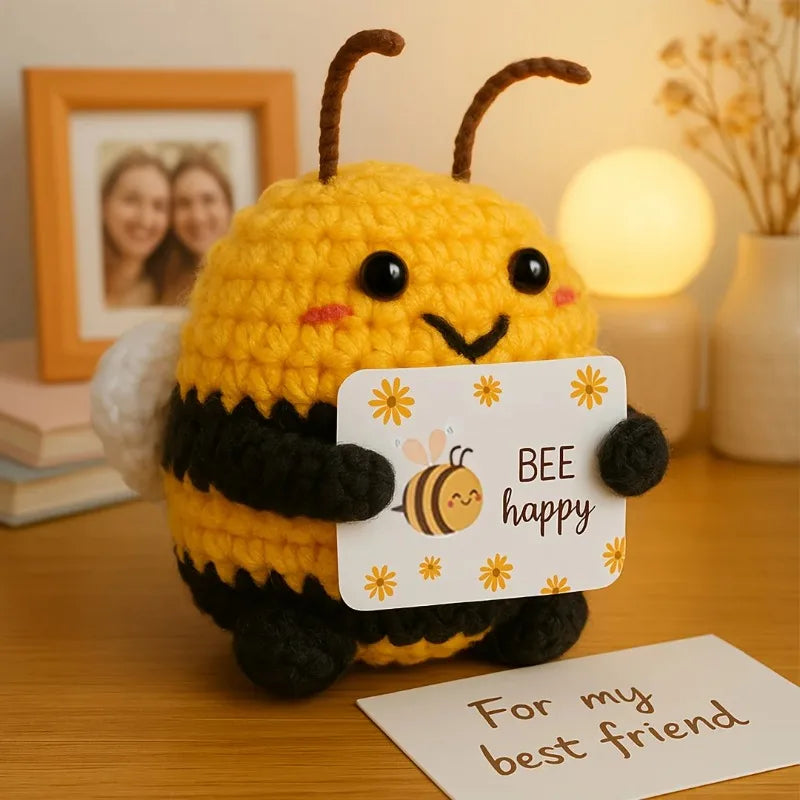 Cute Crochet Bee Plush Toy with "BEE Happy" Card Handmade Knitted Stuffed Animal Gift for Friends & Family Oasis Select