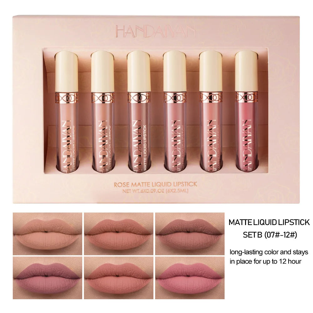HANDAIYAN 6-Color Velvet Matte Liquid Lipstick Set – Waterproof