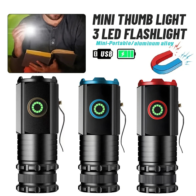 2000LM 3LED Mini Flashlight Powerful Type-C Rechargeable 18350 Battery Torch Lamp with Tail Magnet Tactical Lantern for Camping Oasis Select