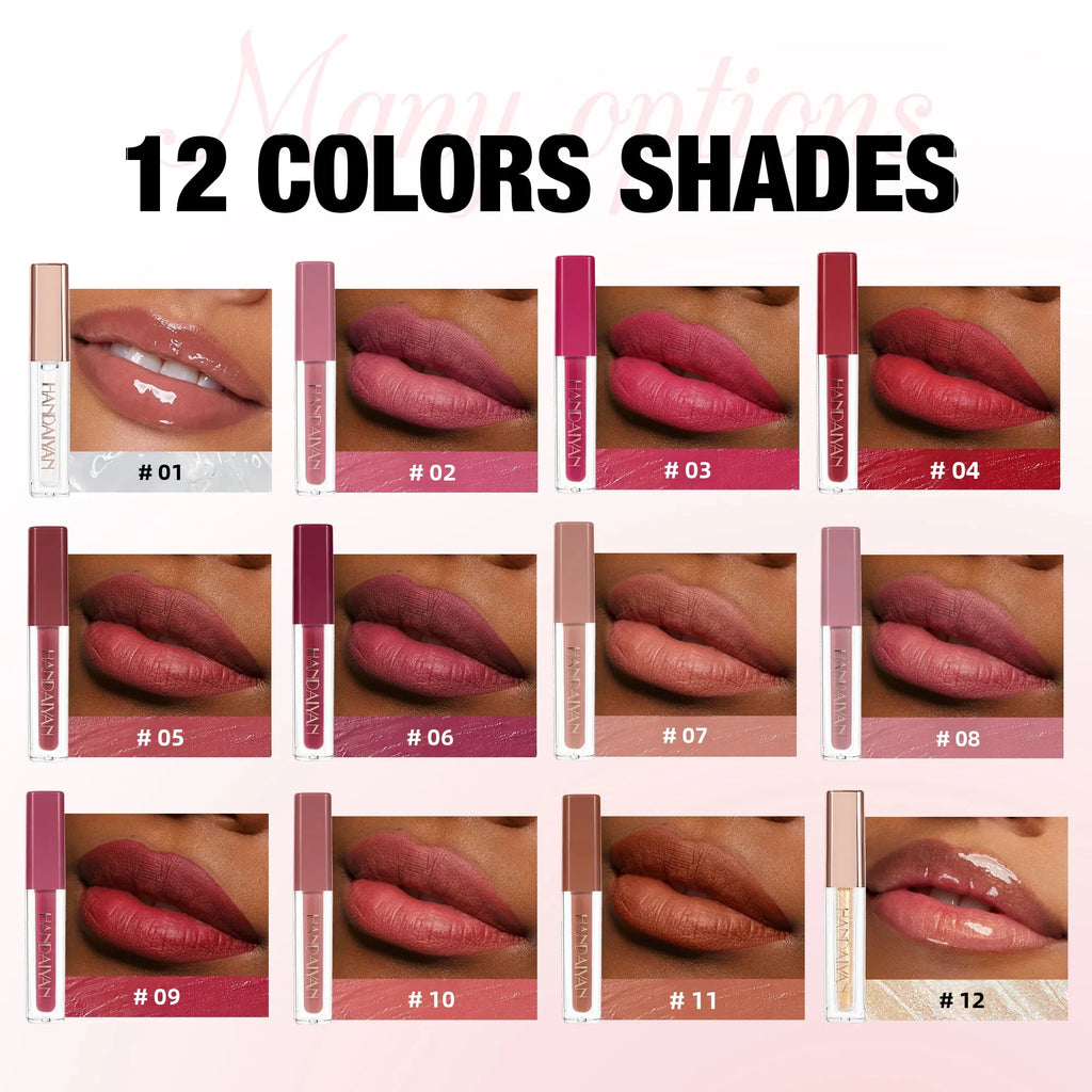 Handaiyan 12-Shade Velvet Matte Lip Gloss Set – Waterproof