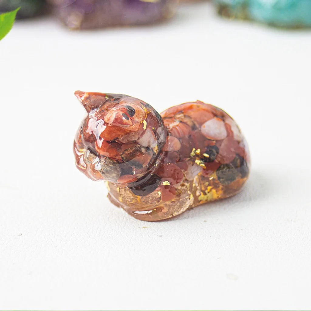 Crystal Chip Epoxy Lying Cat Figurine | Desk Decor & Gift