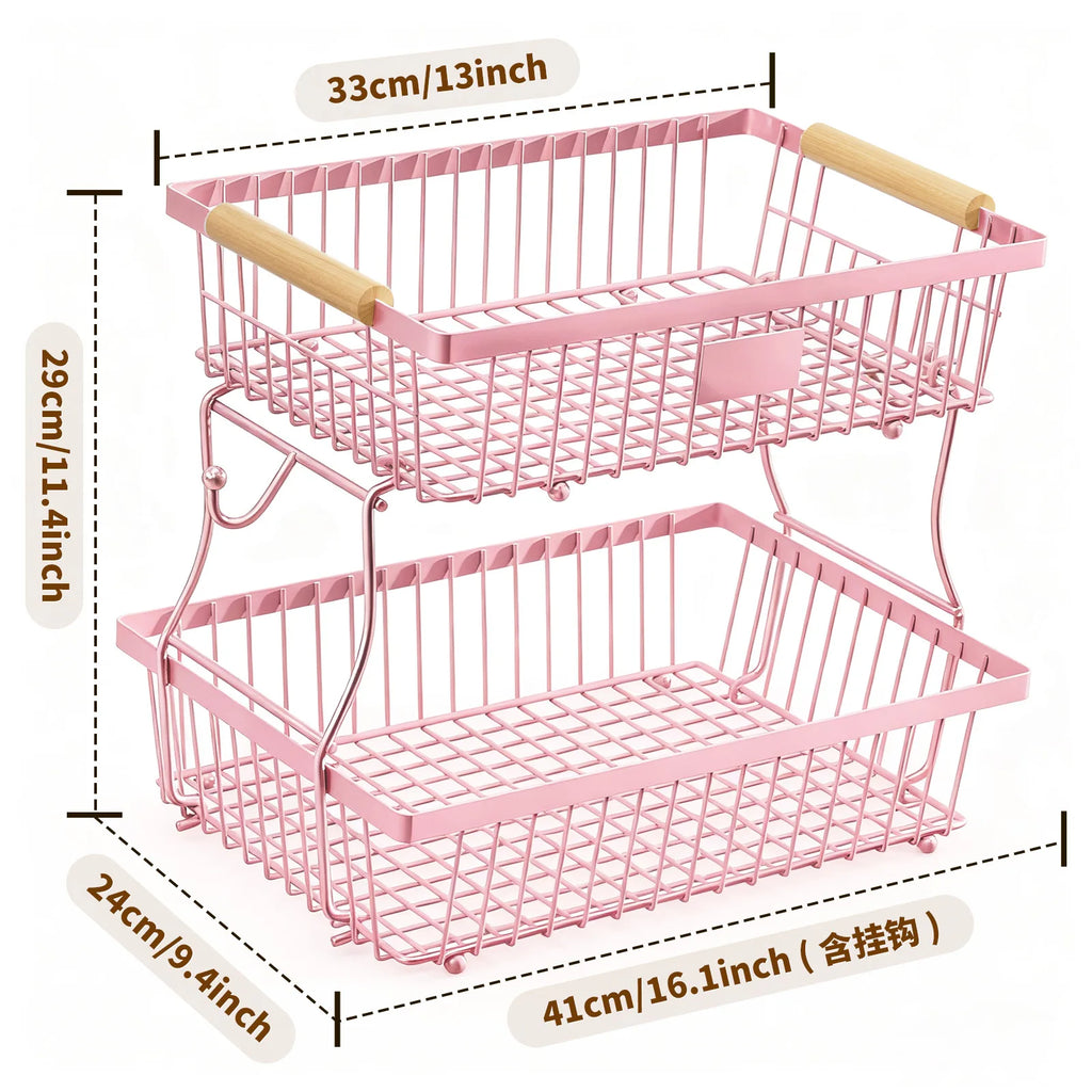 Kitchen Fruit Shelf Living Room Double-layer Removable Storage Rack Tray Wooden Handle Portable Vegetable and Fruit Basket Oasis Select Pink double layer