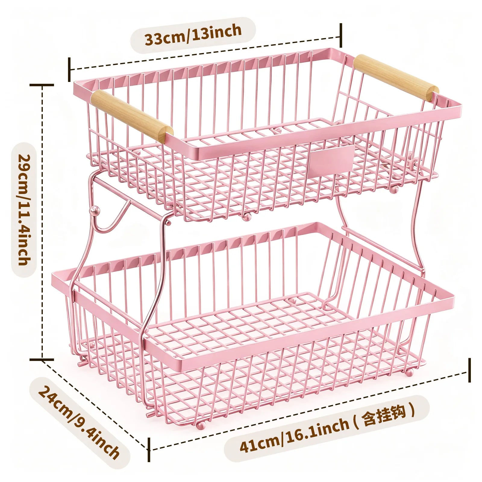 Kitchen Fruit Shelf Living Room Double-layer Removable Storage Rack Tray Wooden Handle Portable Vegetable and Fruit Basket Oasis Select Pink double layer