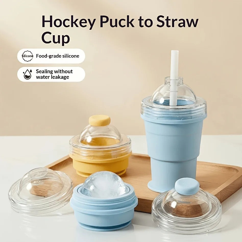 2-in-1 Portable Foldable Ice Hockey Cup, Creative Silicone Material, Whiskey Ice Cube Maker with Freezer Tray, Summer Cup Oasis Select