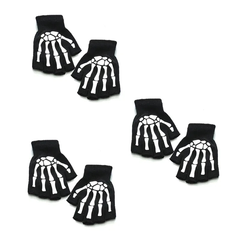 1/2/3/4pairs Adult Kids Halloween Skull Half-Finger Punk Gloves Winter Skull Fingerless Black Gloves Oasis Select 01-3pairs