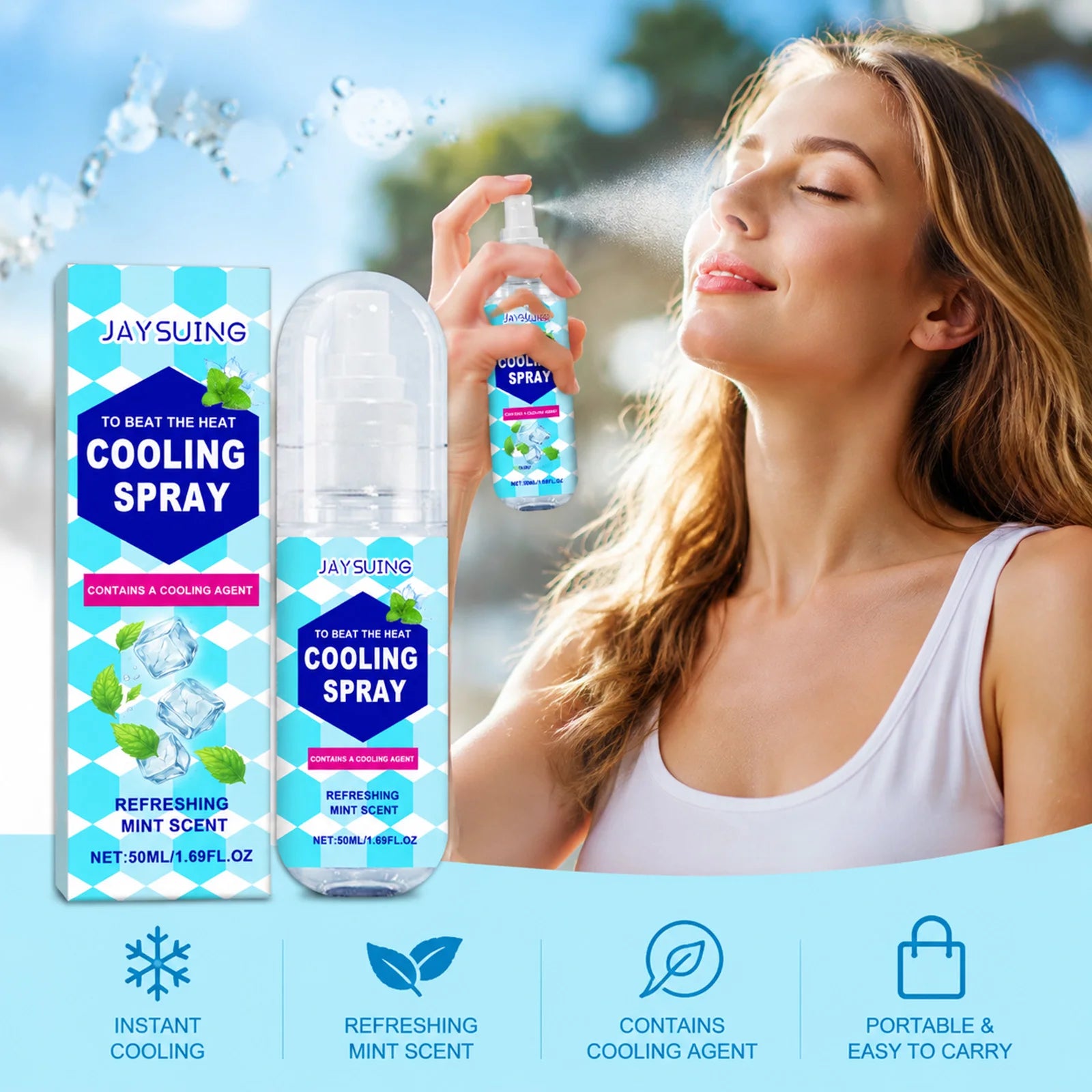 Cooling Spray Instant Cooling Spray Outdoor Mint Scent Summer Heat Relief Refreshing Skin Soothing Portable Body Cool Mist Oasis Select