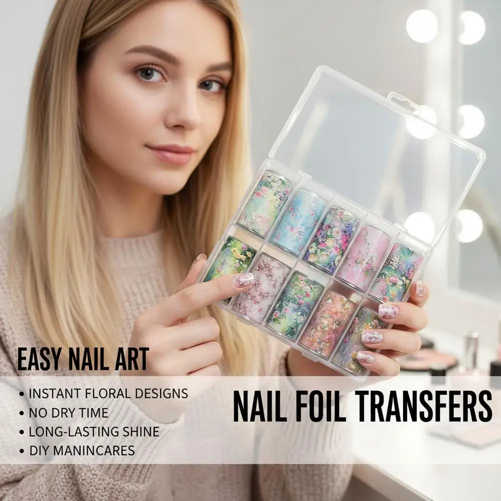 10 Rolls Flower Nail Foil Nails Art Design Stickers Decals Holographic Foils Paper Starry Sky Star Transfer Foil Nail Decoration Oasis Select