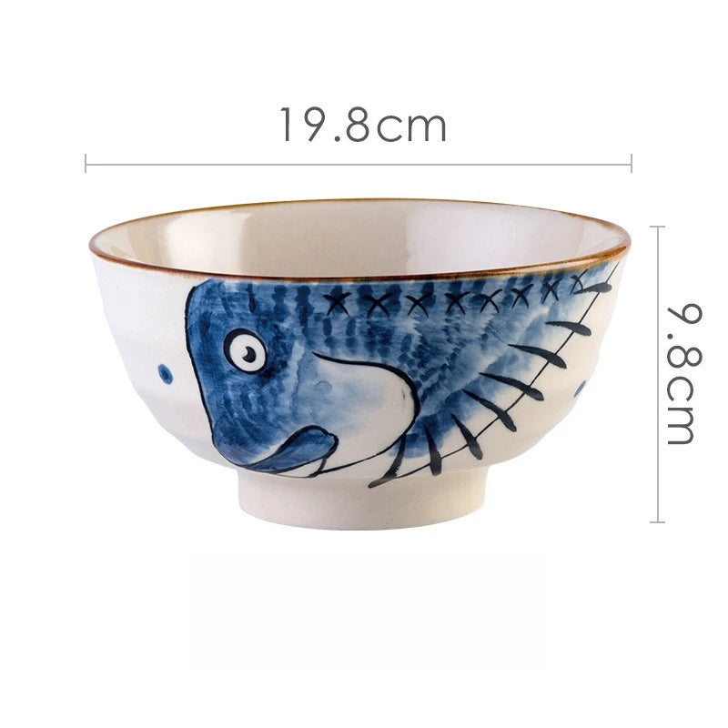 Japanese-style Cartoon Cat Fish Printed Rice Bowls Hand Drawn Animal Pattern Tableware Food Container For Home Daily Dining Oasis Select B 8 inch