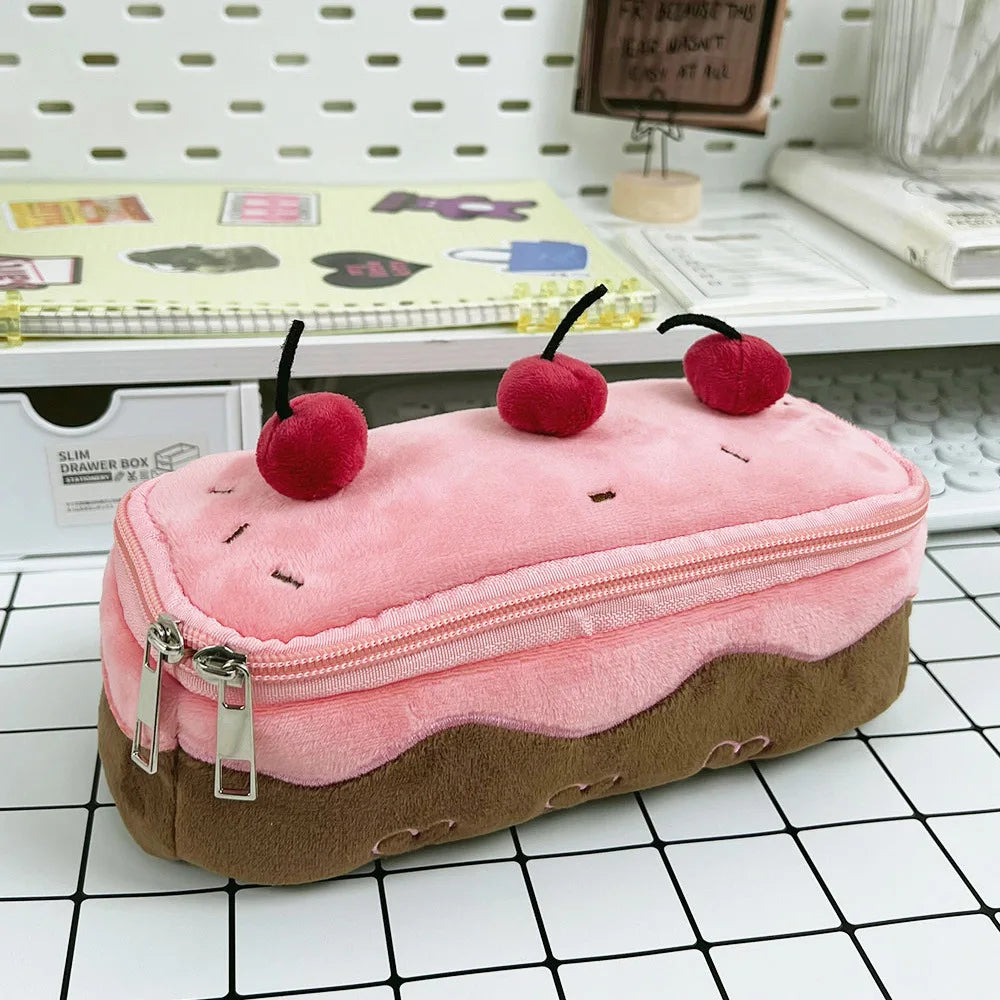 Sweet Plush Cherry Cake Shaped Storage Pouch Large Capacity Stationery Organizer Multifunctional Daily Supply Desktop Ornament Oasis Select