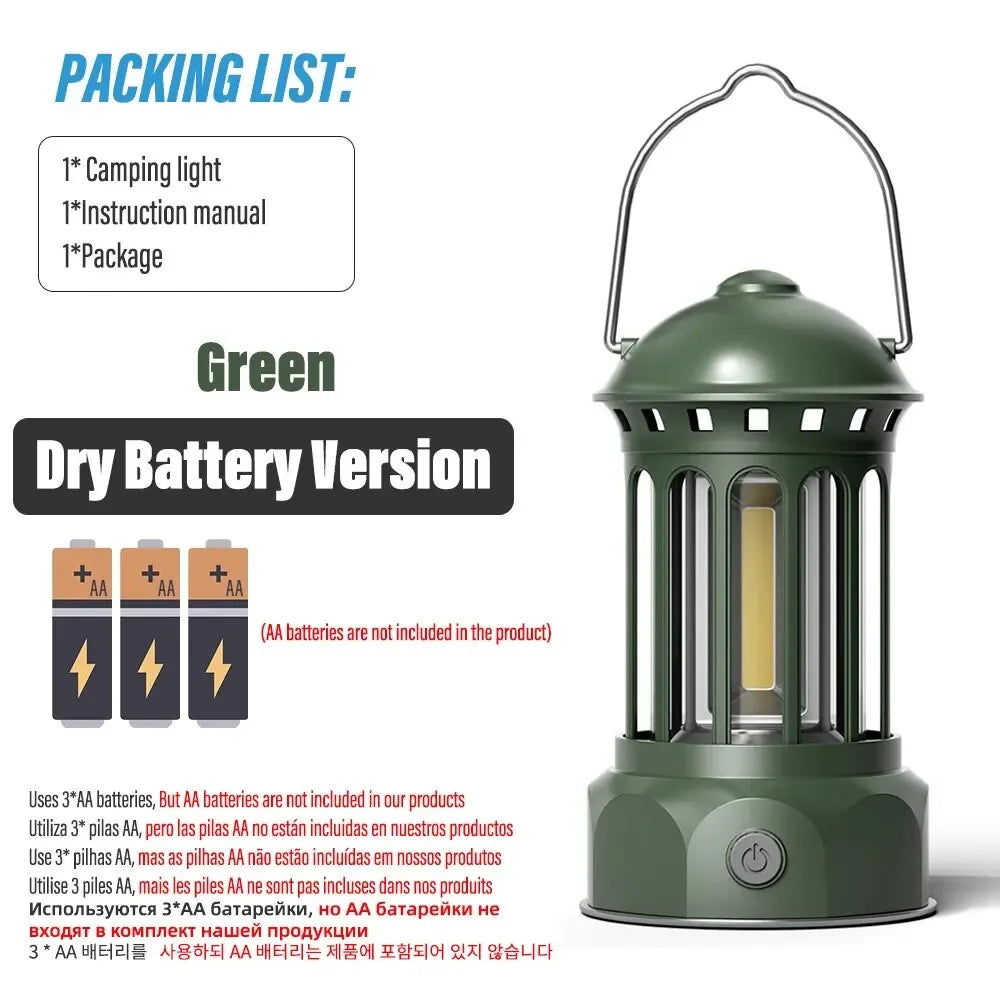 European Roman Pillar Vintage Camping Lantern Flashlight Rechargeable Lamp With Hook Warm White Light For Camping, Exploring Oasis Select Green-Battery L800BR