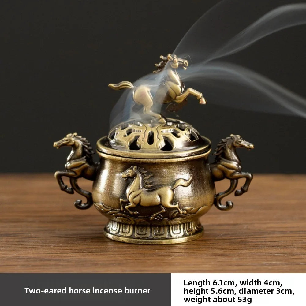 Vintage Alloy Sandalwood Incense Burner Elephant Lucky Hollow Out Lotus Incense Censer Year of the Horse Mini Three Legged Stove Oasis Select 7