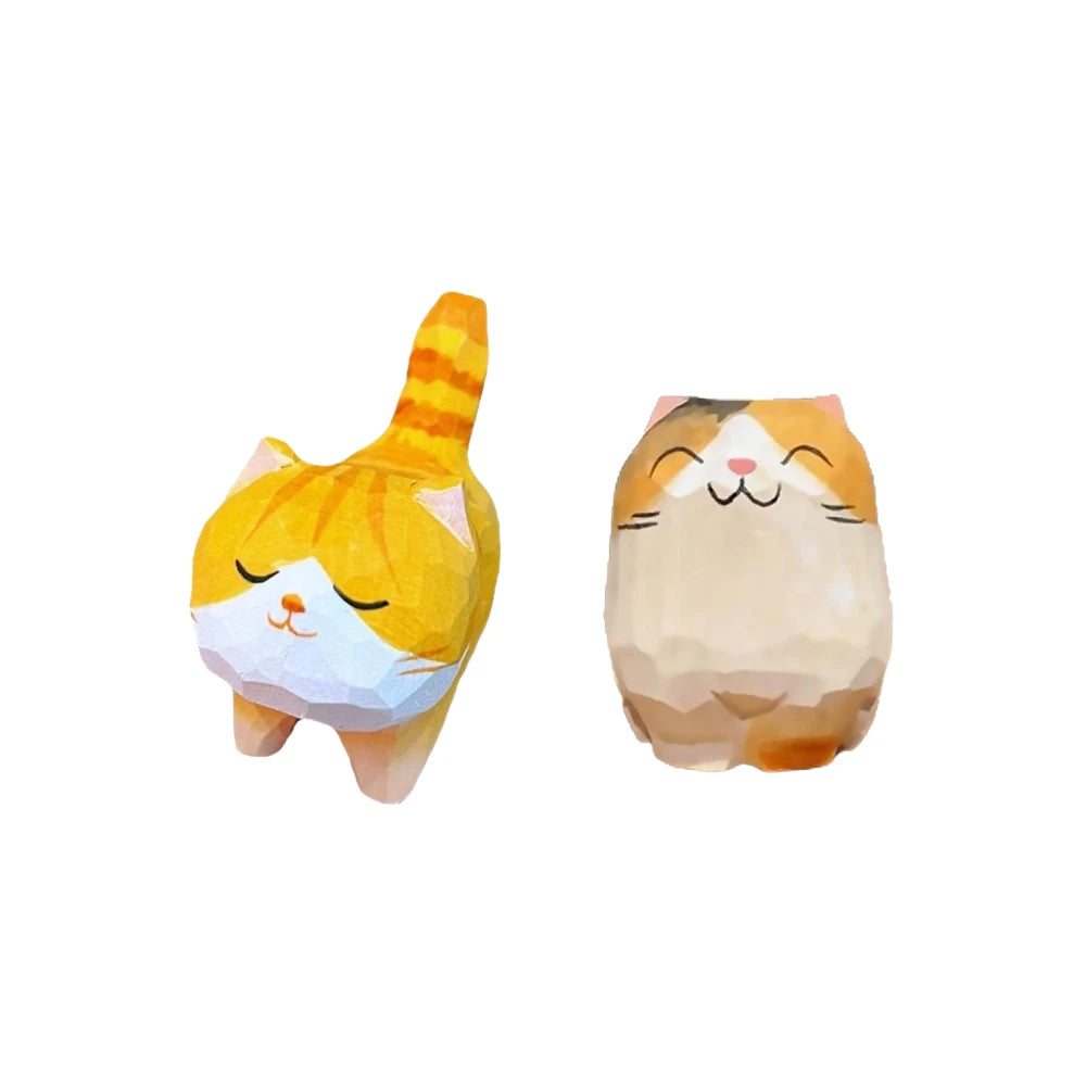Handmade Wooden Carved Cat Figurine Multi Style Cute Kitten Sculpture Calico Orange Cat Desktop Decor Home Indoor Art Craft Oasis Select 2PCS