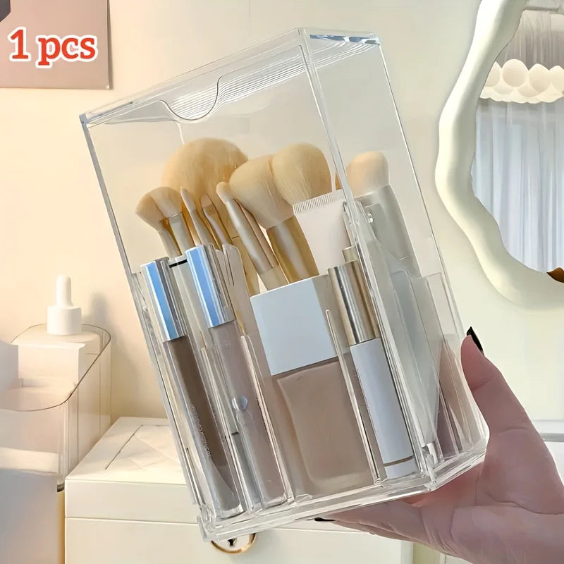 Clear Acrylic Makeup Brush Organizer Holder With Lid Cosmetic Storage Box For Vanity Tabletop Desk Display Produce Clothes Oasis Select clear