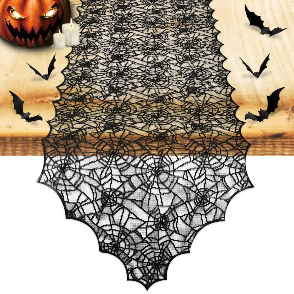 1pc Halloween Decoration Table Runner,Spider Web Black Lace Table Runner for Kitchen Dinner Table,Halloween Decoration Indoor Oasis Select