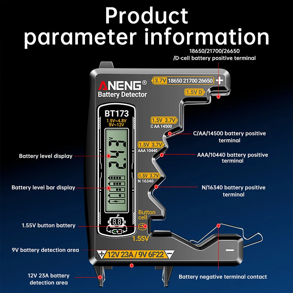 Universal Battery Tester ANENG BT173 Battery Detector Test C D AA AAA N 9V Cell Button Meter Visual Display Testing Tester Tools Oasis Select