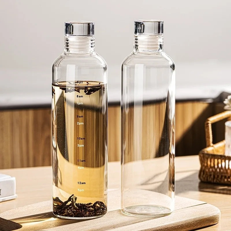 2pcs 300-1000ml Clear Glass Water Bottle Large Capacity with Time Marker Cover for Water Drink Outdoor Portable Milk Juice Cup Oasis Select