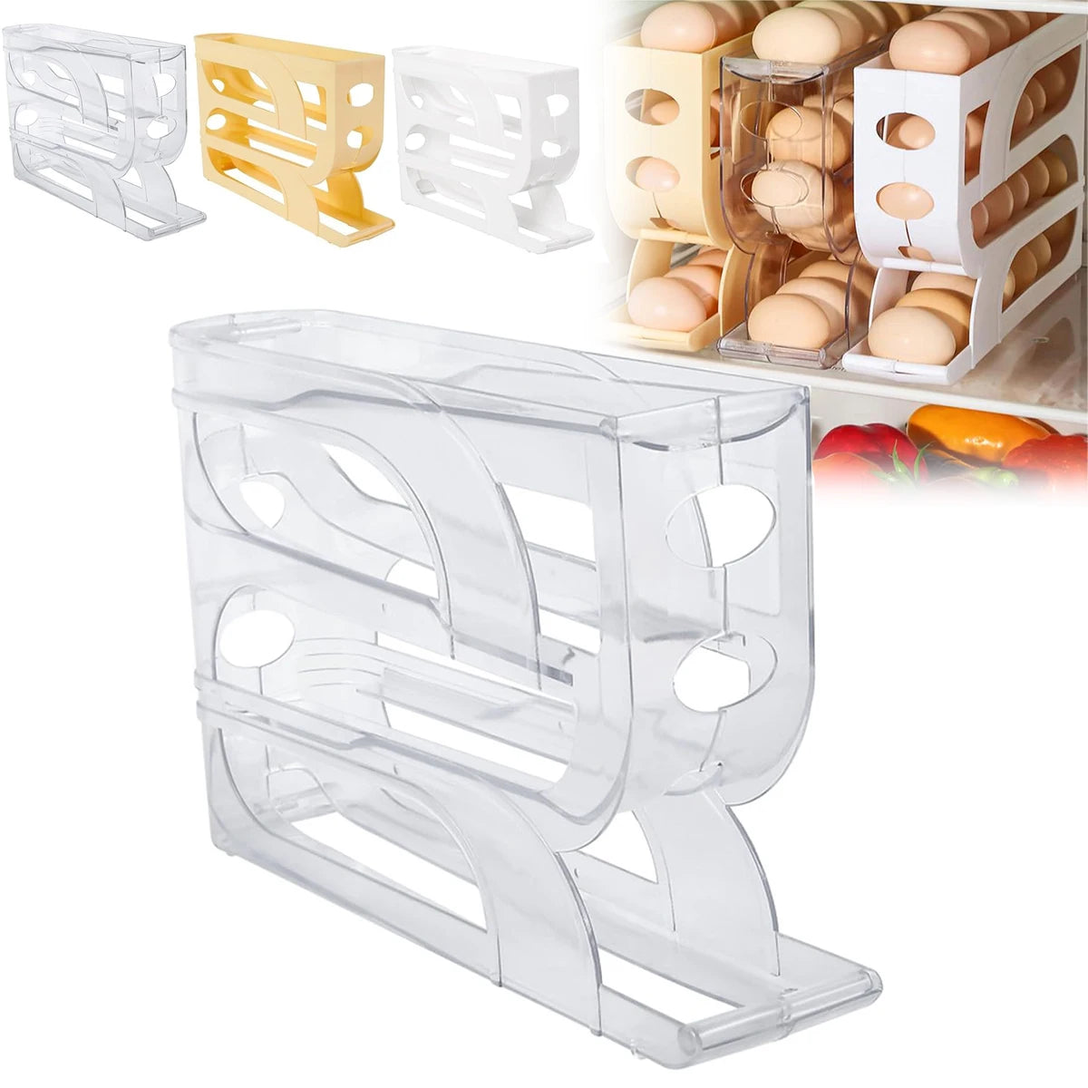 4-Tier Rolling Egg Holder Egg Etorage Space-Saving Auto-Feed Egg Container for Refrigerator Eggs 18 Count Kitchen Organizer Oasis Select