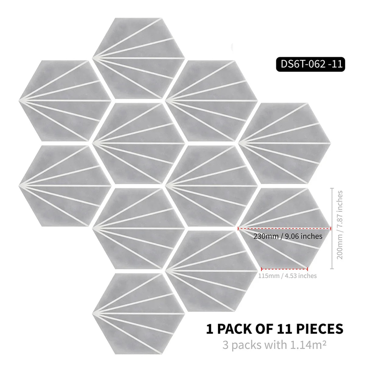 Marble wood grain self-adhesive hexagonal floor stickers waterproof home decoration hexagonal art Mosaic floor stickers Oasis Select DB-6T11P-062-CC 20cm x 23cm 11pcs