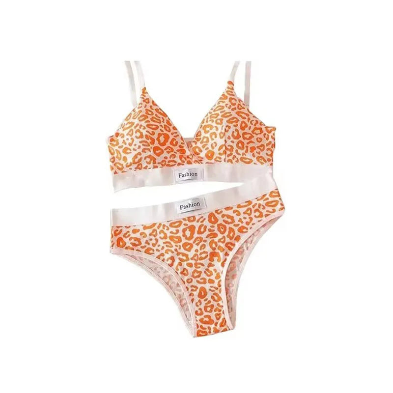 1-4pcs Summer Set New Women's Leopard Print Traceless and Steel Rim Bra Adjustable Shoulder Strap Back Women's Underwear Set Oasis Select Orange 1 set One Size