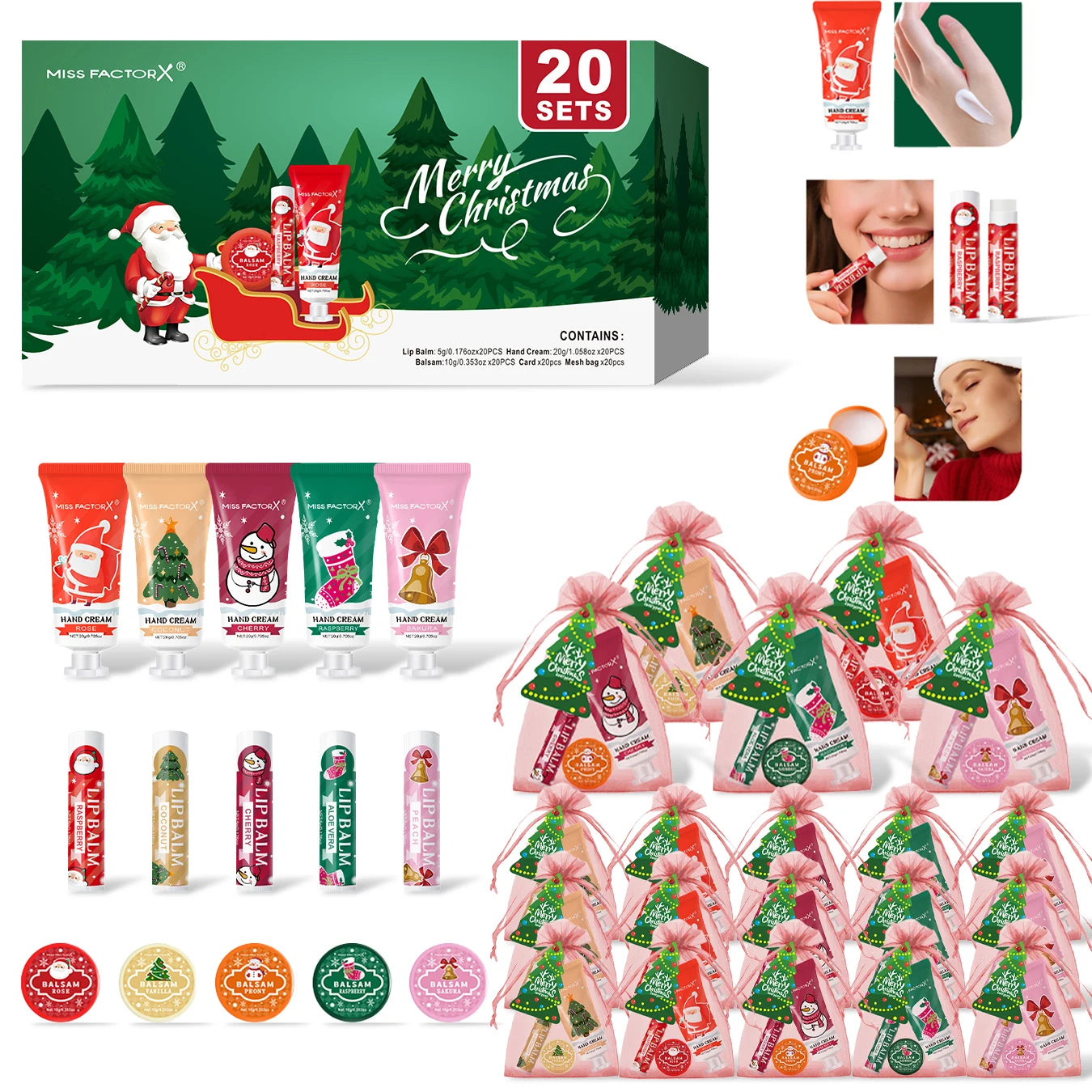 Christmas assembly gift set -20 sets, including balm, hand cream, lipstick, red gauze bag, Christmas tree thank you card Oasis Select
