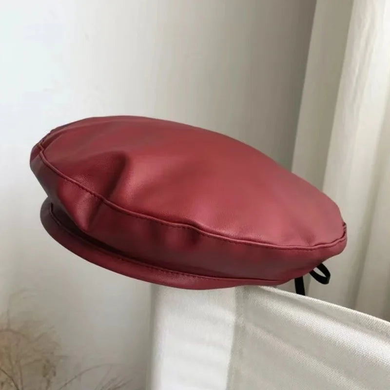Women Girl Beret Hat French Retro Artist Beanie Hat Elegant Solid Color PU Leather Lady Painter Cap Spring Autumn Lady Berets Oasis Select Red