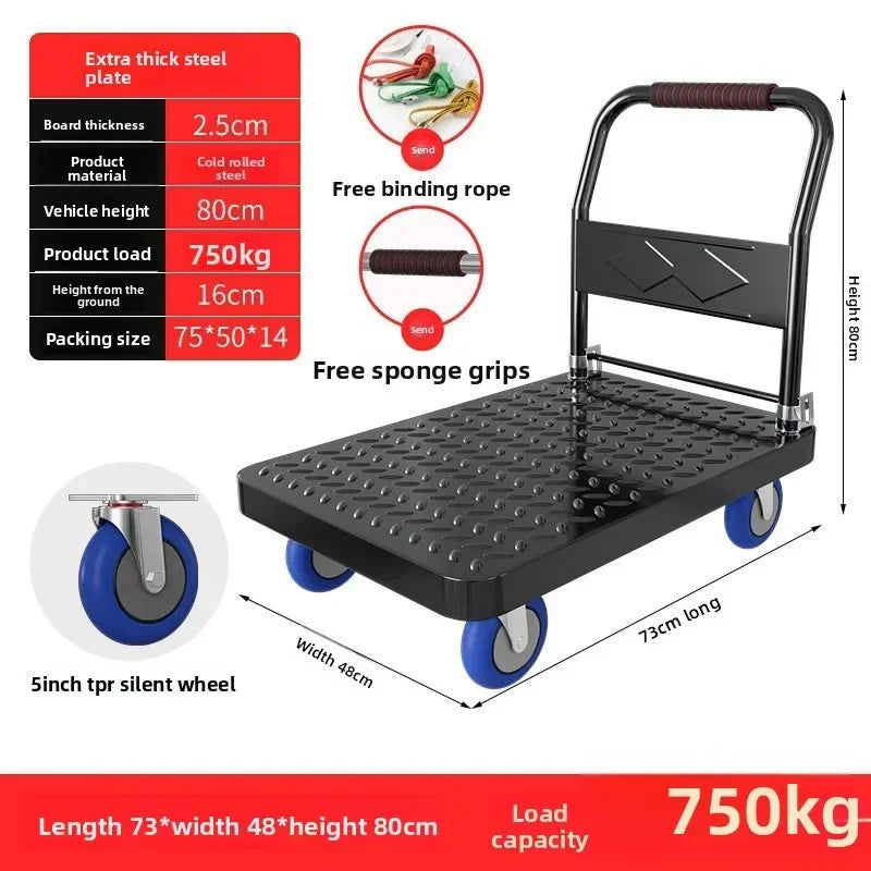 Steel plate pulling trolley trolley trolley handling thickened foldable portable silent trailer pulling flat truck Oasis Select 73-48-5-B
