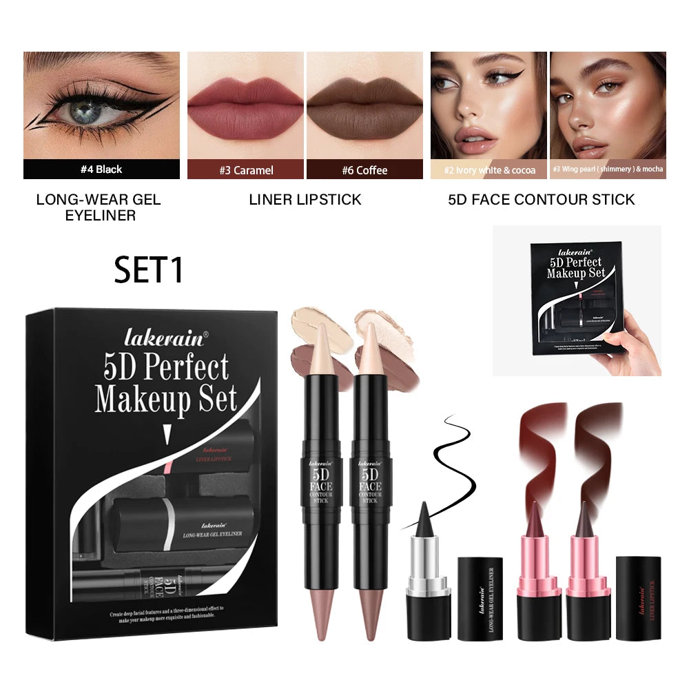 5D Perfect Makeup Set With Contouring Stick Eyeliner And Lipstick Long Lasting Sweat-proof Pigment Women Makeup Facial Combo Oasis Select SET 1