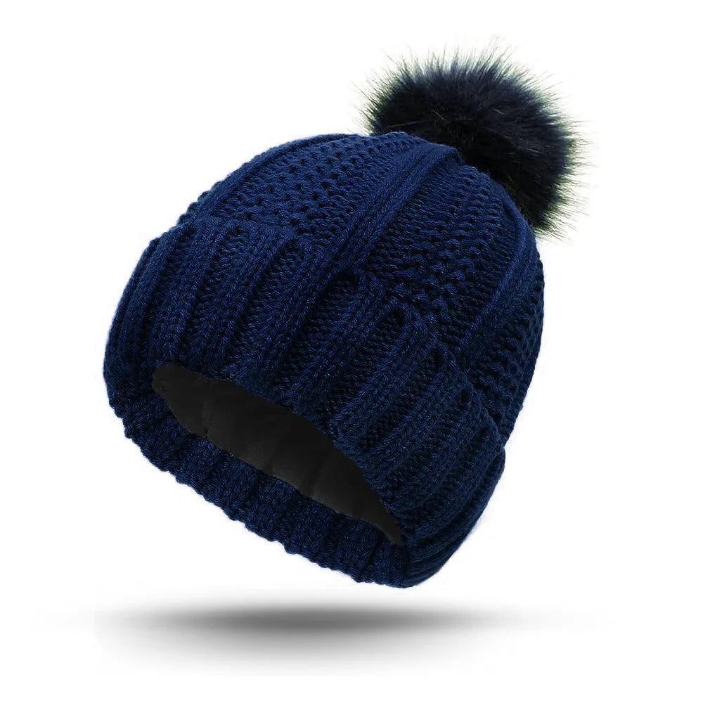 Flower needle woolen ball cap, warm double-layer lined hair care cap, woolen cap, women's knitted cap, pineapple cap Oasis Select DEEP BLUE