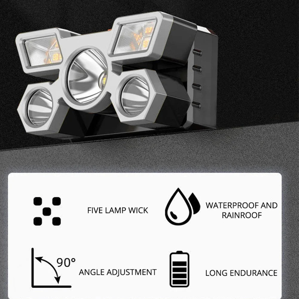 Outdoor High Brightness 5LED Headset Flashlight Outdoor Household Portable USB Rechargeable Fishing Miner Lamp Strong Headlight Oasis Select