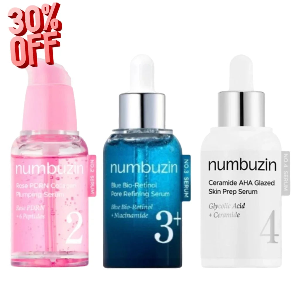 numbuzin Serum Set (No.2/3/4) - Rose PDRN/Blue Bio-Retinol/Ceramide AHA, Plumping Pore-Refining Exfoliating Facial Serums Oasis Select