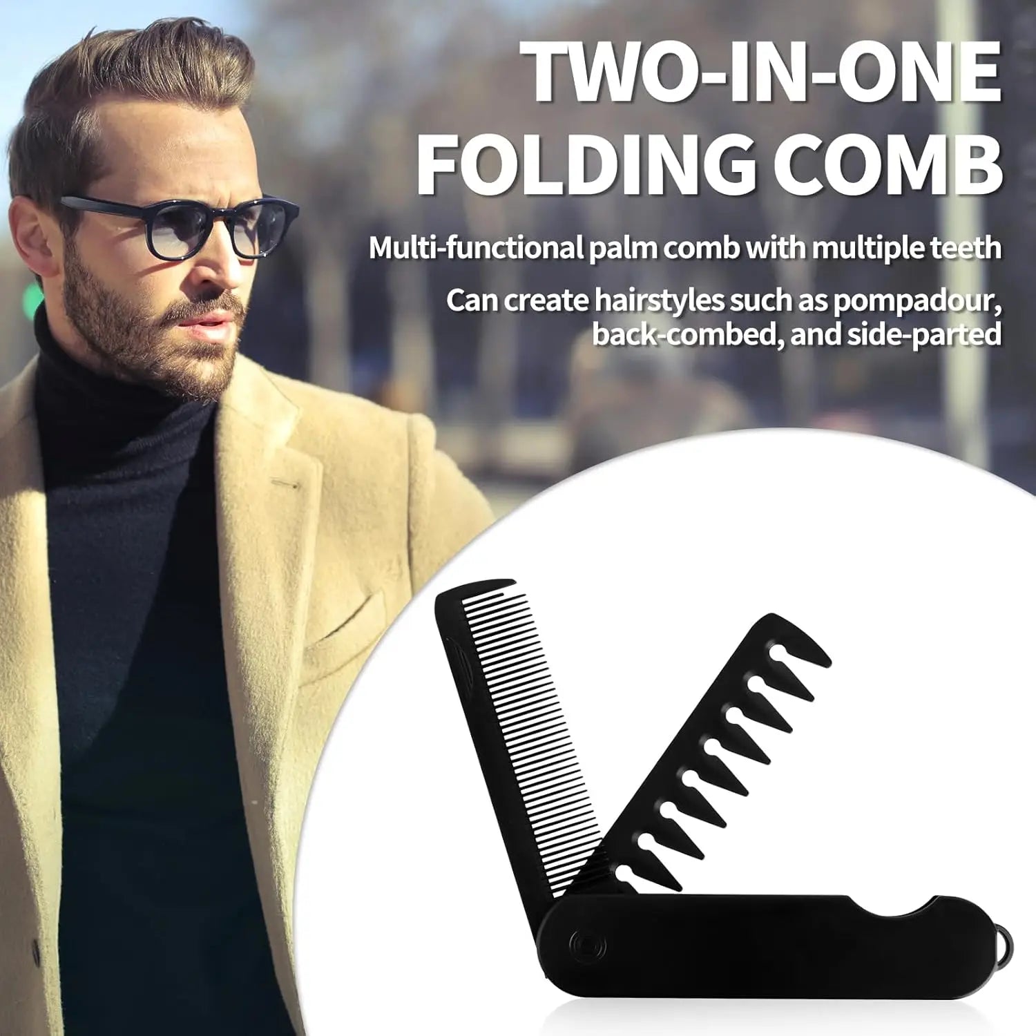 Mens Folding Pocket Comb 2 in 1 Fine Wide Tooth Portable Travel Hair Beard Grooming Kit Compact Black EDC Accessory Oasis Select