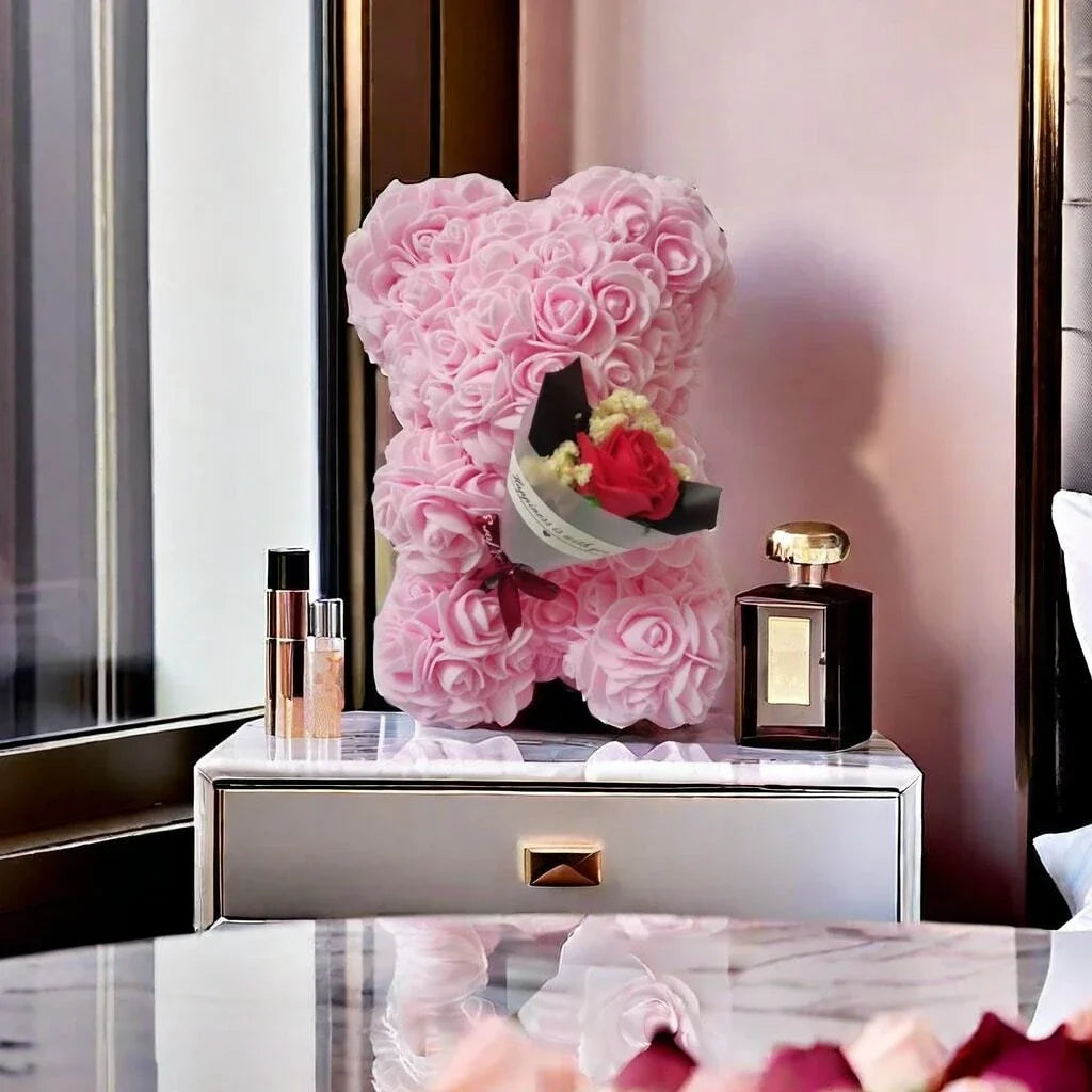Foam rose teddy bear carry bouquet. Ideal for weddings, Mother's Day, thank you to nurses/teachers or other celebrations! Oasis Select Pink