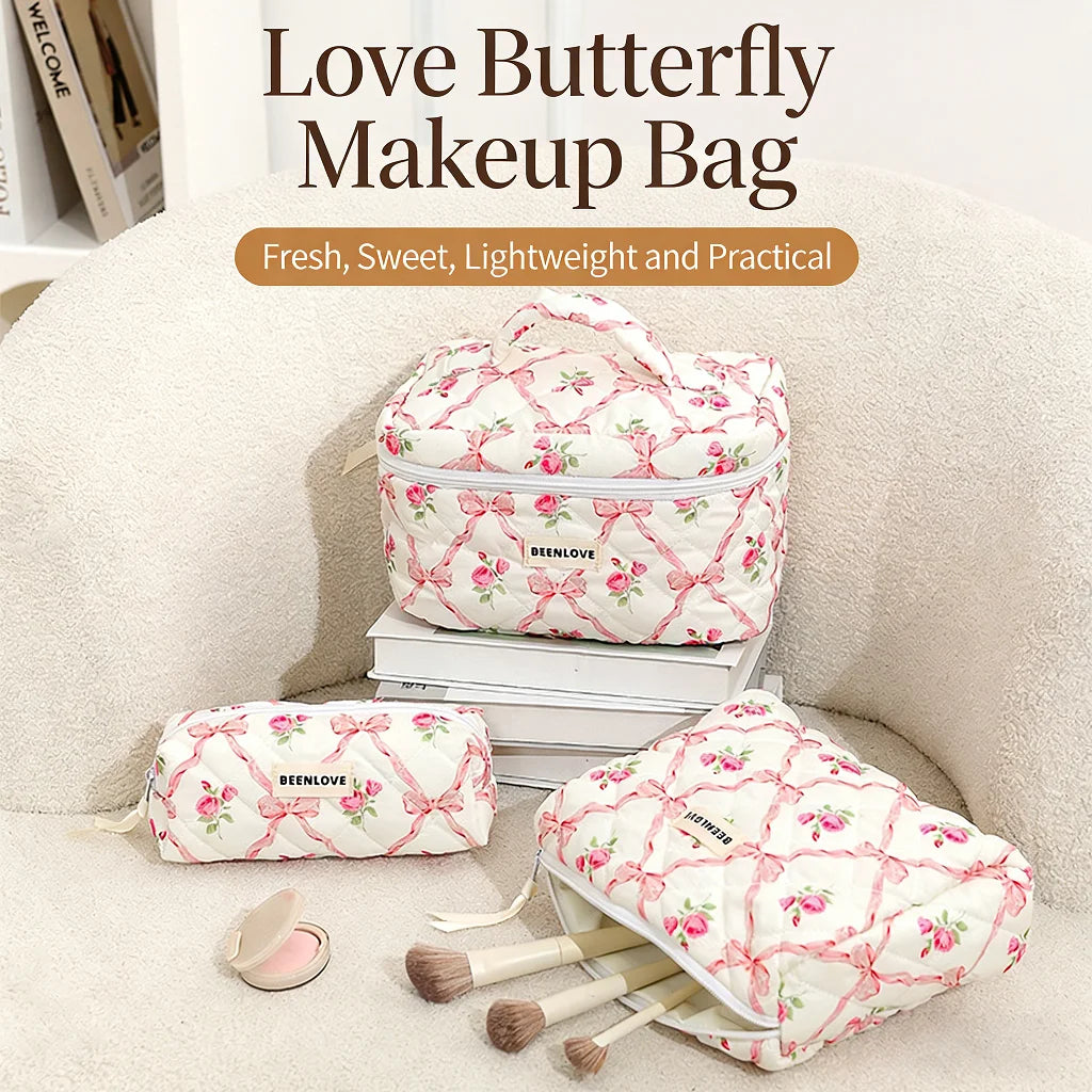 Bow Flower Quilted Makeup Bag – Zipper Cosmetic Organizer