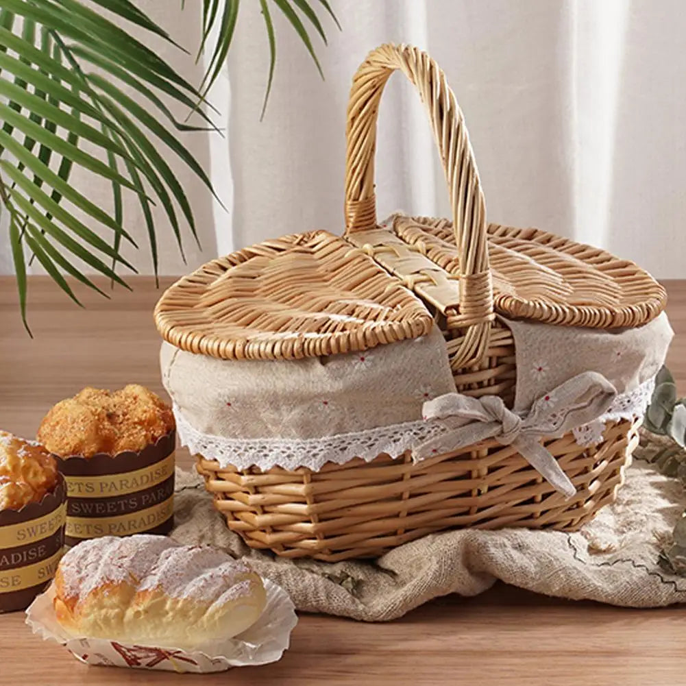 Handmade Wicker Basket With Handle Picnic Food Basket With Lid Hand-Woven Multi-Purpose Wicker Tray Desktop Decor Storage Box Oasis Select