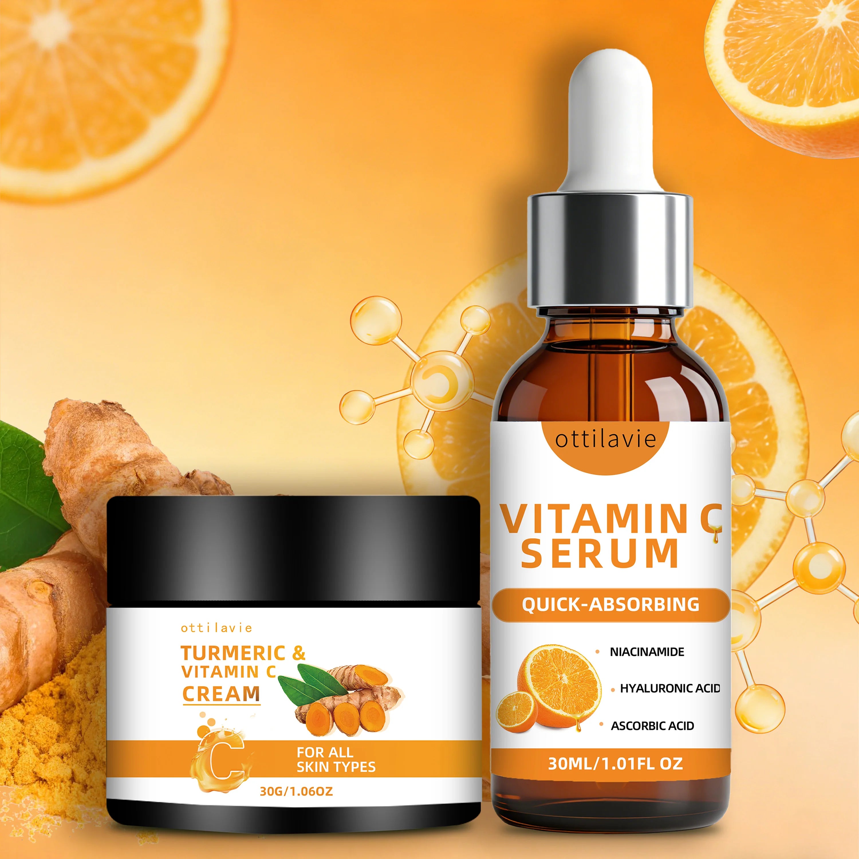 Ottilavie Turmeric & VC Cream+Serum Skincare Duo Set, ace/Neck/Body,Unisex,All Skin Types, Lightweight Daily,Non-greasy Oasis Select