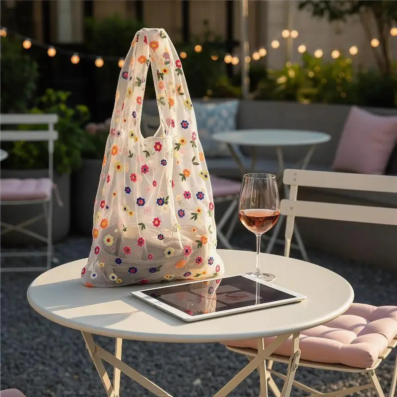 Mesh Embroidered Tote Bag with Colorful Flowers Perfect for Travel Home and Grocery Use Oasis Select