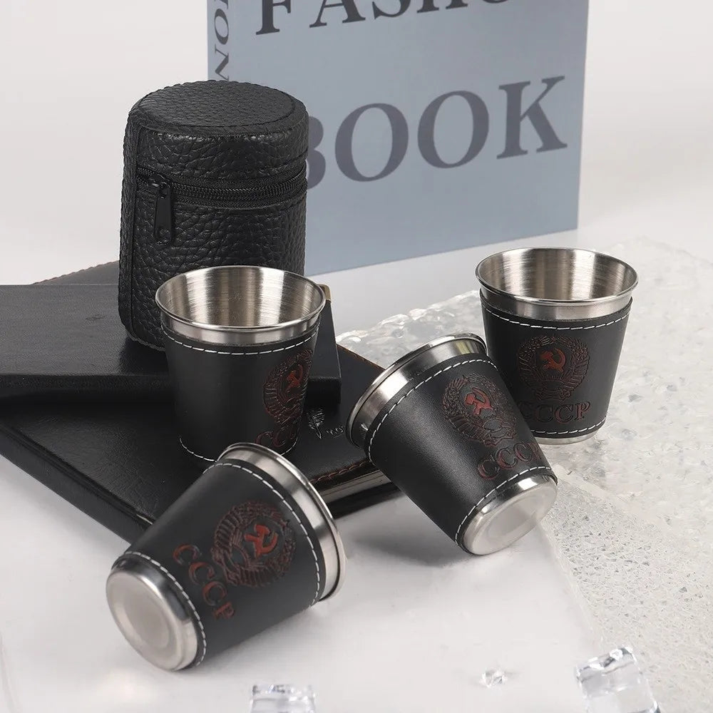 4-Piece Stainless Steel Travel Cup Set | PU Leather Sleeve