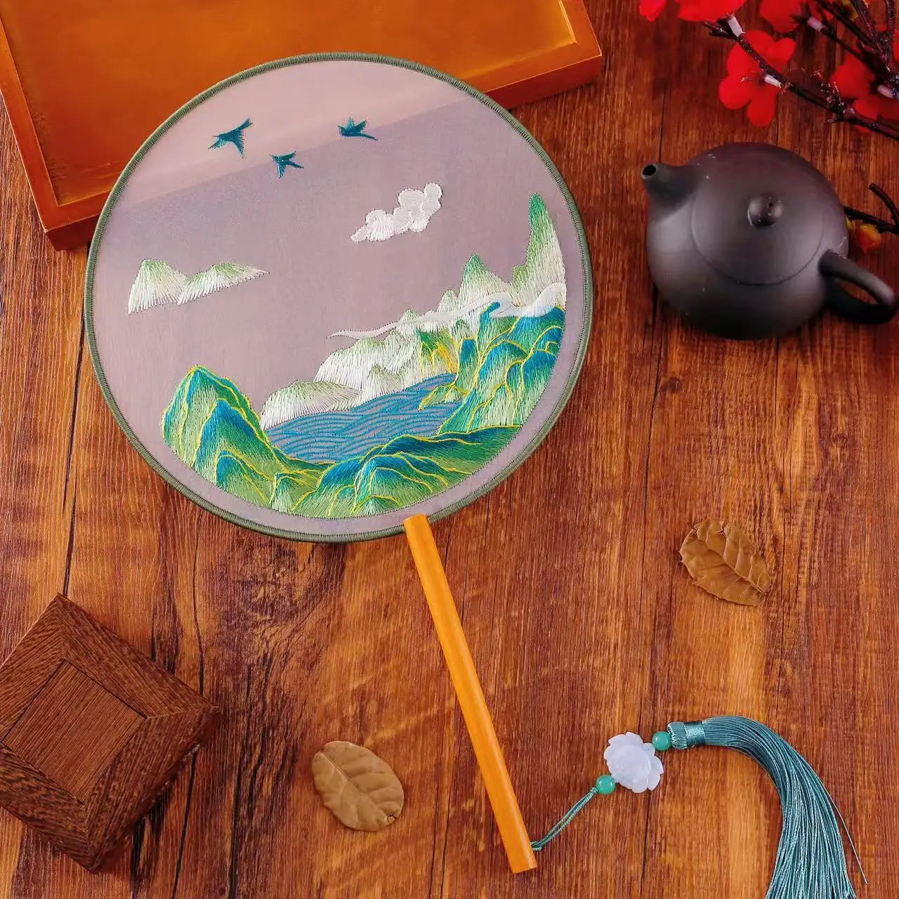 Chinese Style Silk Round Fan Double-sided Floral Embroidery Hand Fans with Tassel Summer Dance Fan For Women Wedding Home Decor Oasis Select Style 7