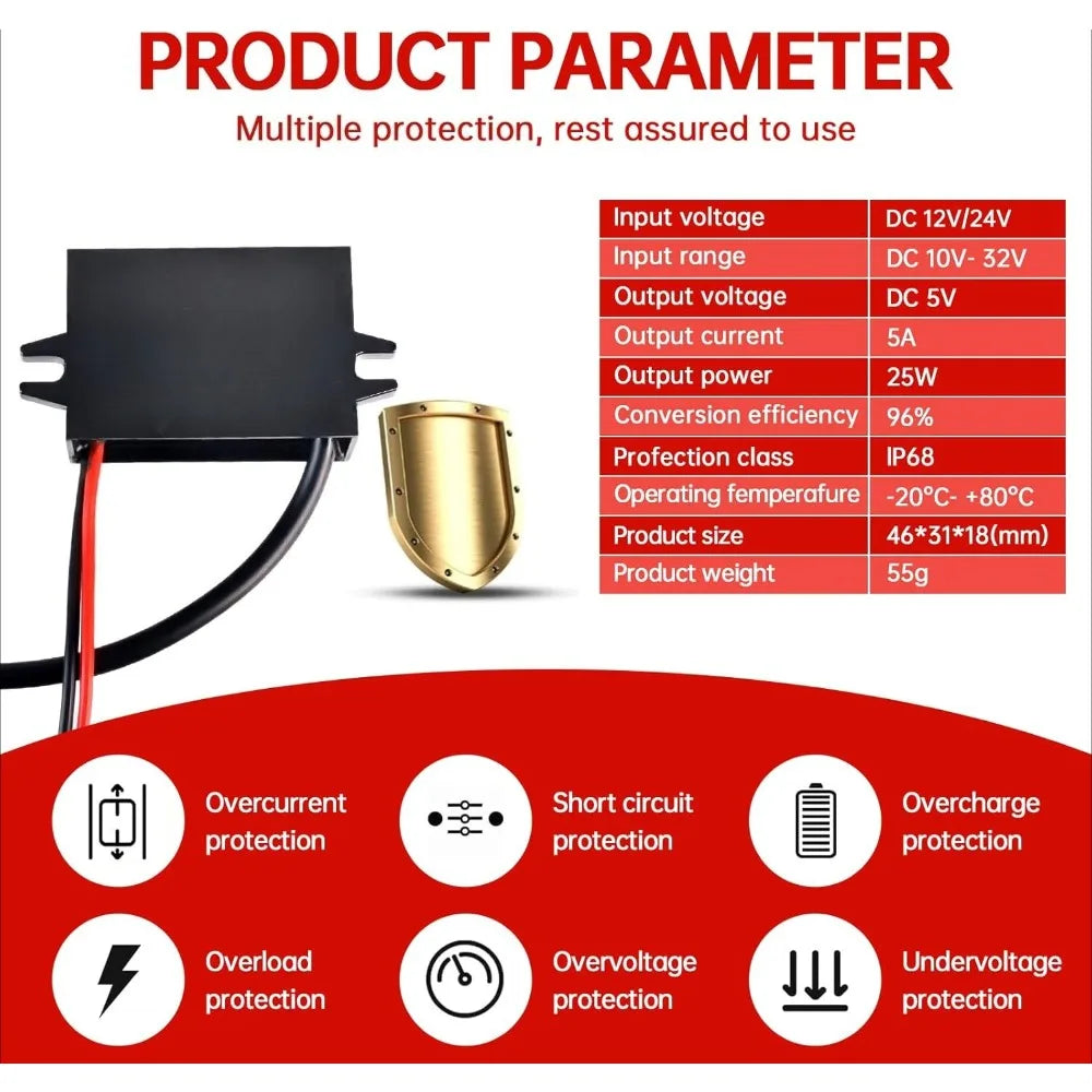 IP68 Waterproof DC/DC 12V/24V To 5V 5A 25W Buck Converter Type-C Output Power Adapter Suitable For Cars Trucks And Motorcycles Oasis Select