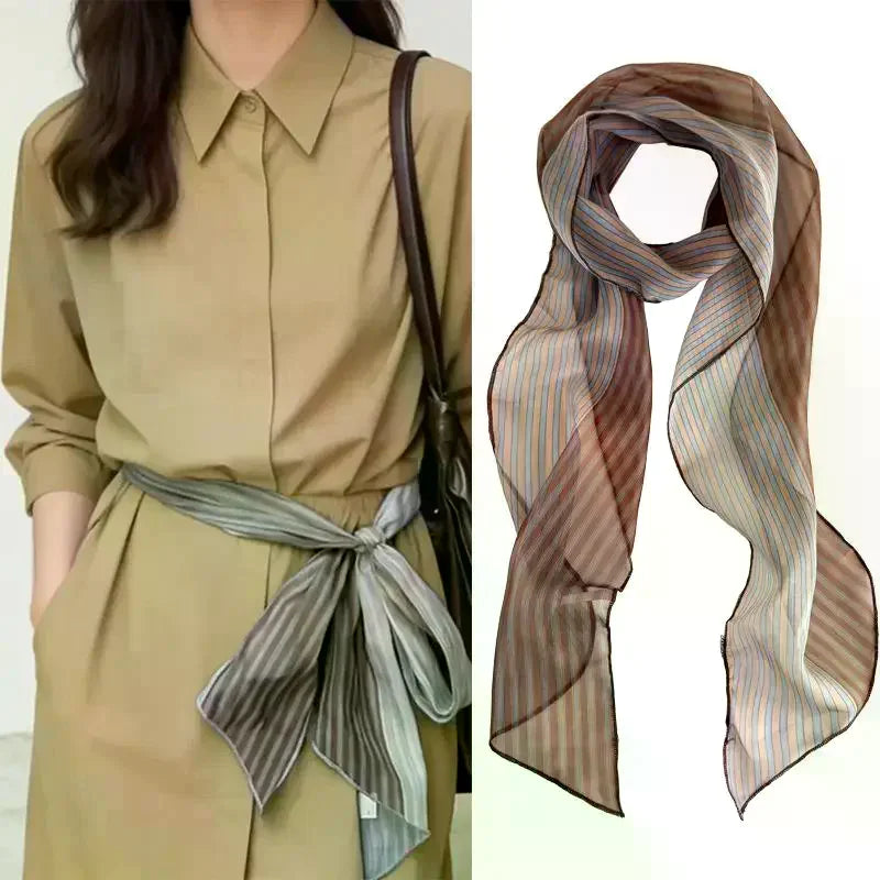 Striped Silk Scarf Women Lightweight Breathable Fashion Neck Head Scarf Daily Office Travel Beach Accessory Office Daily Wear Oasis Select