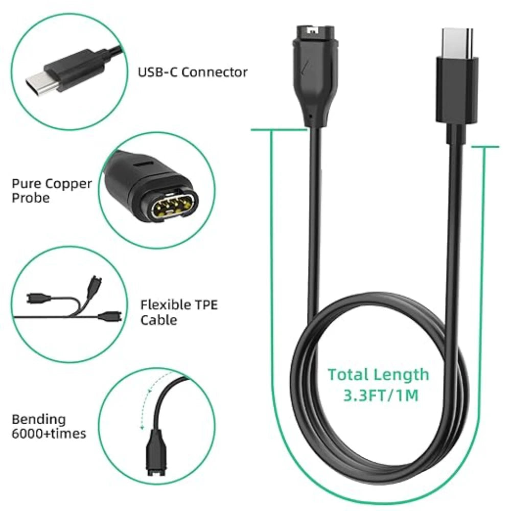 USB-C Charger for Garmin Fenix 8 7 6 5 Series – Replacement Cable Smartwatch Charger Cable Oasis Select