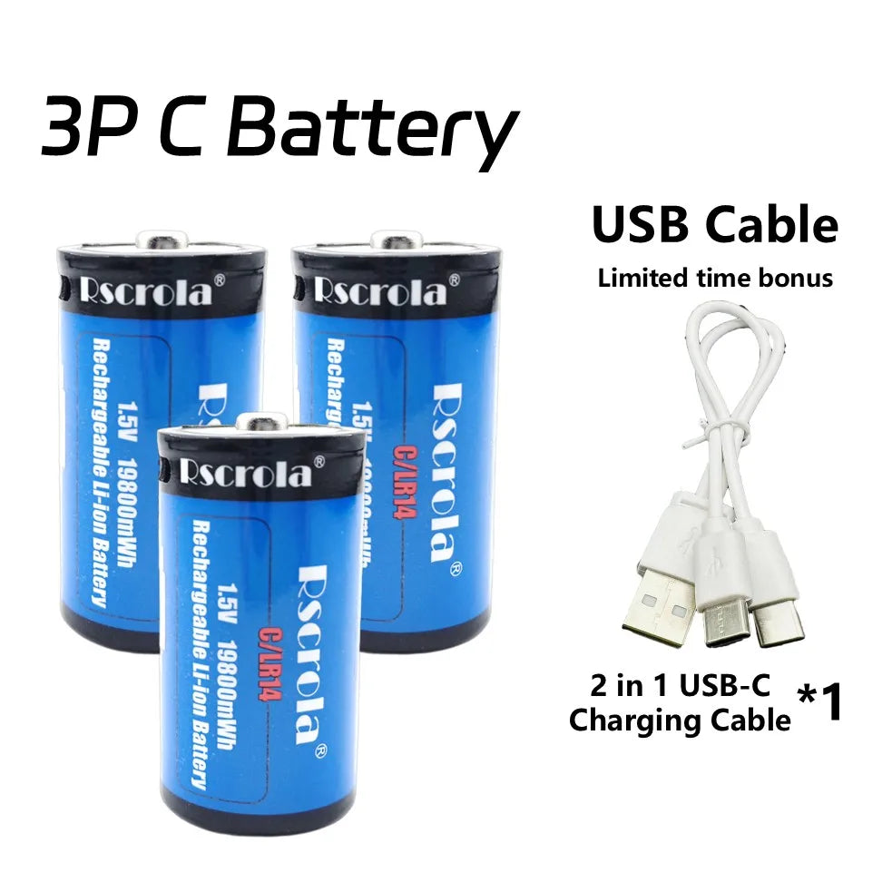 USB-C Rechargeable C Batteries, 19800mWh 1.5V C Batteries, Fast Charging 2 Hours, Replace LR14 Battery for Speakers & Doorbells Oasis Select 3P C Battery