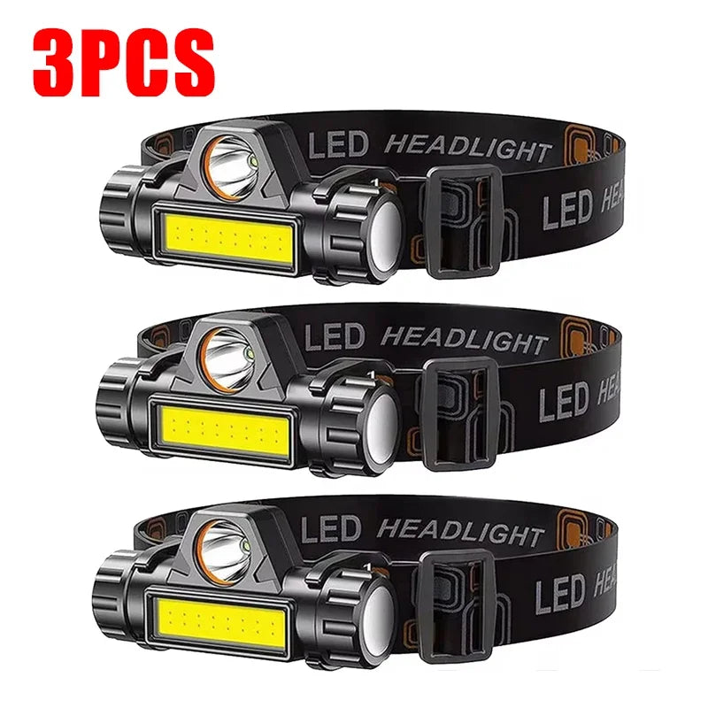 Super Bright Rechargeable COB LED Headlamp Magnetic USB Head Torch Outdoor Camping Hiking Fishing Long Battery Life Waterproof Oasis Select 3Pcs