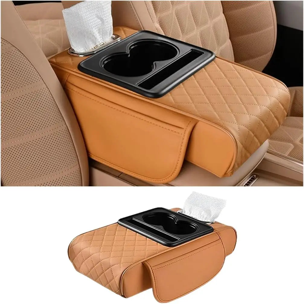 Universal PU Leather Car Center Console Armrest Cushion Durable Thick Memory Cotton Cup Holder Tissue Box Elbow Support Pro Pad Oasis Select orange