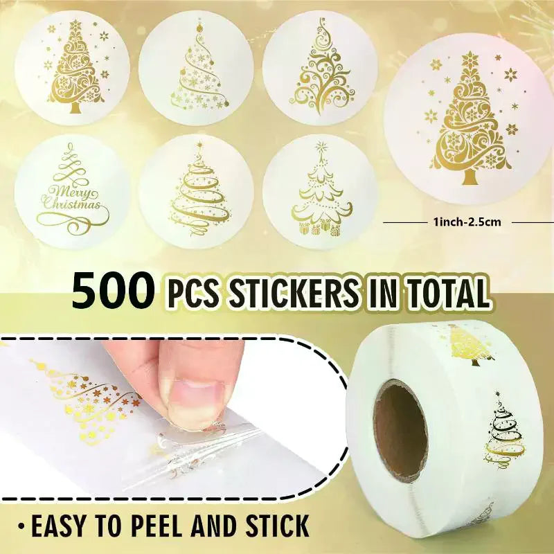 Golden Foil Christmas Stickers 500pcs, Transparent Xmas Tree Sealing Labels for Invitations Cards Gifts Envelopes Decoration Oasis Select