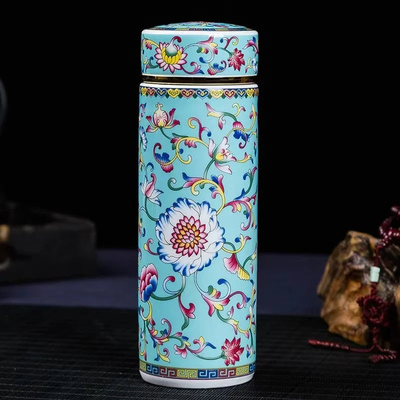 Double-layer 500ML Ceramic Cups Enamel Thermos for Tea High-temperature Home Office Resistant Cups with Lids Portable Travel Mug Oasis Select Lake blue 500ML