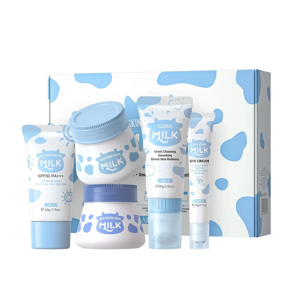 Brightening Milk Skincare Set 5 Piece Nourishing Cleanser Eye Cream Moisturizing Sunscreen Wrinkle Care Facial Treatment Oasis Select
