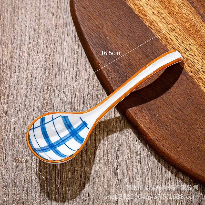 Japanese Underglaze Ceramic Soup Spoon, Everyday Ceramic Soup Spoon Ramen Long-handled Curved Spoon Tableware Oasis Select Grid