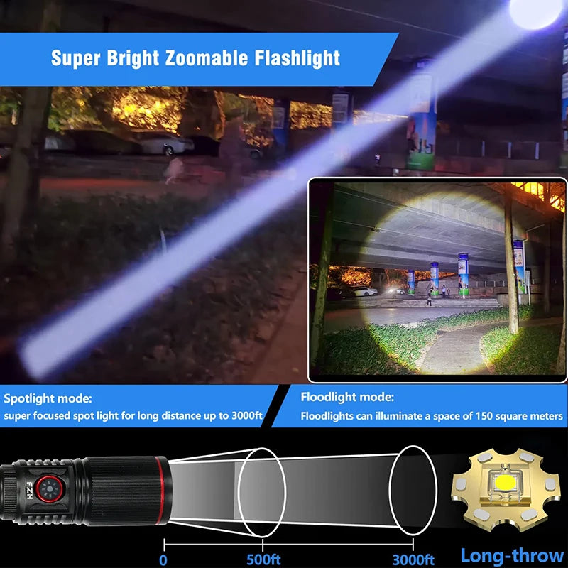 Portable Powerful LED Flashlight 2000LM Tactical Zoom Torch USB Rechargeable 18650 or 21700 Battery Camping Fishing Lantern Oasis Select